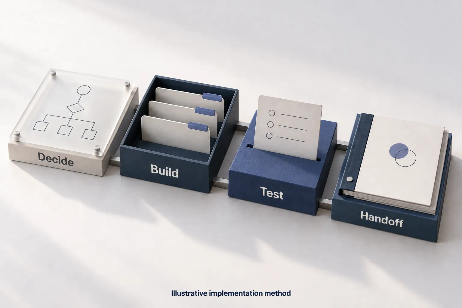 Illustrative implementation sequence showing operating decisions, configuration, testing and handoff documentation.